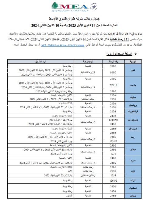 جدول رحلات الـ"MEA" من 14 كانون الأوّل ولغاية 10 كانون الثّاني 2024